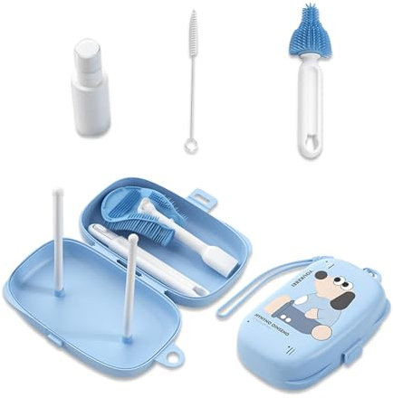 Onperpoe 6 in 1 Baby Bottle Brush Set, Travel Bottle Cleaner, Blue, Plastic & Silicone, Soft Bristles, Bottle, Nipple, Straw, Soap Dispenser Cleaner, Drying Rack