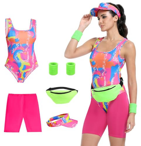 Tosjack 80er Damen Fitness-Kostüm, 80er Jahre Outfit für Erwachsene, Badeanzug für Halloween-Cosplay, Partnerkostüm-Set (M)