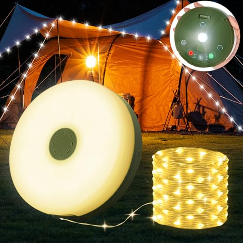 Yizhet 10m Camping Lichterkette, Warmweiß | Aufrollbar, 2 in 1 Outdoor Wasserdicht, 9 Beleuchtungsmodi, Tragbar, Wiederaufladbare LED, Für Camping, Wandern & Hofdeko