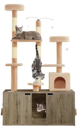 Cat Scratcher 71 Inch Wooden Cat Tree Tower with Litter Box, Hidden Enclosure Fu71 Inch Wooden Cat Tree Tower with Litter Box, Hidden Enclosure Furniture for 2 Cats Cat Scratching Post(Pink)