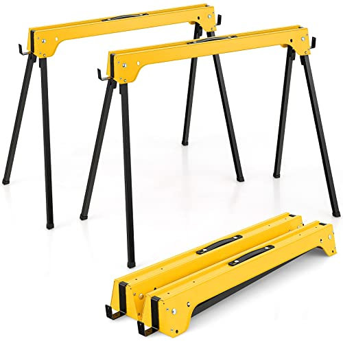 Heavy Duty Folding Saw Horses - Portable Metal Trestle Stands with Anti-Slip Top & Handle, Supports Up to 227KG, for Workbench Use