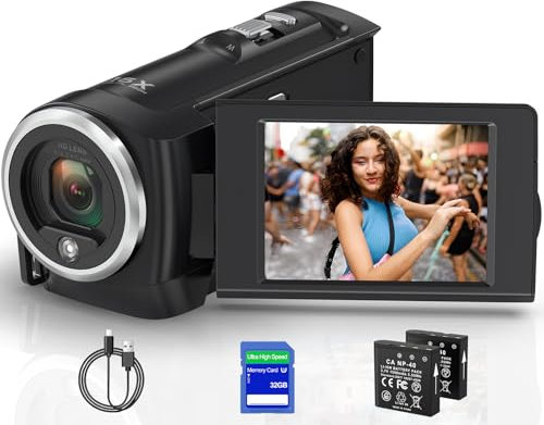 Delmodes Camcorder Video Camera 2.7K 56MP 16X Digital Zoom Vlogging Camera with LED Fill Light, 2.8 Inch LCD Screen Camcorder for YouTube with 32GB SD Card, 2 Batteries