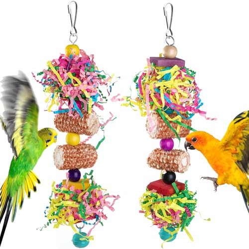 widenlise 2 Pcs Bird Toys, Bird Shredding Toys, Parrot Chewing Toys, Cockatiel Toys, Include Natural Corn Cob Bells, Hanging Foraging Shredder Toy for Parakeets Budgies, Conures, Finches (Yellow)