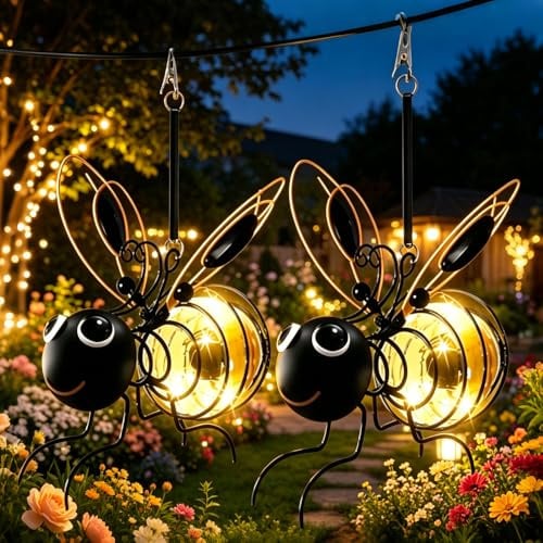KUWUNG 2 Stück Bienen Deko Solarleuchte, Solarlampen für Außen Hängend, Clip-on Bienen Solarlampen Gartendeko, Wetterfest LED Solarlampe für Innen Draußen Hof Balkon Garten