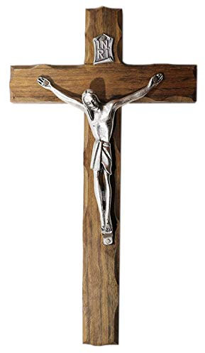 Eurofusioni Croce da Parete in Legno di Noce e Cristo Placcato Argento - Crocefisso h 18 cm