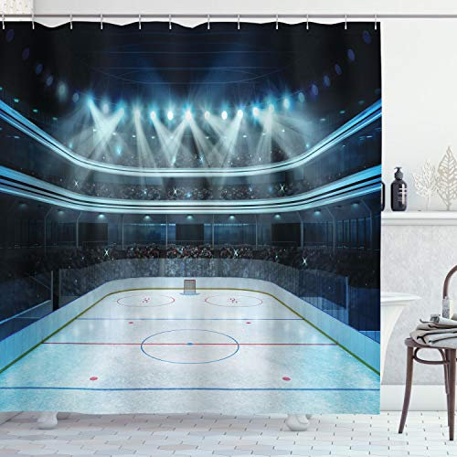 ABAKUHAUS Eishockey Duschvorhang, Sport Arena Foto Fans, Stoffliches Gewebe Badezimmerdekorationsset mit Haken, 175 x 180 cm, Nachtblau