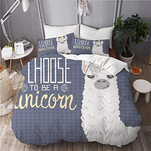 ELIENONO Bettwäsche-Set,Mikrofaser,süßes Cartoon Lama Alpaka Einhornhorn,1 Bettbezug 135 x 200cm + 2 Kopfkissenbezug 80 x 80cm