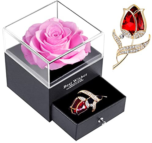 SWEETIME Forever Pink Rose Jewelry Gift Box, Enchanted Real Rose with Ruby Rose Brooch, Eternal Handmade Preserved Rose Flower for Women,Wife, Girlfriend on Valentine's Day, Birthday, Mother's Day.