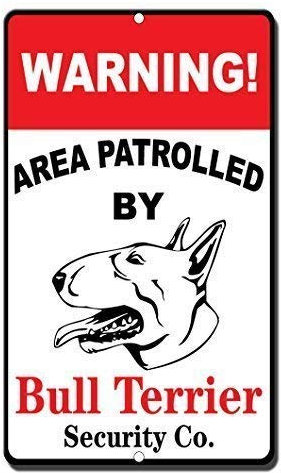 Metallschild mit Aufschrift Warning Area Patrolled Bullterrier, Vintage-Stil, Retro, Wanddekoration, Metall-Warnschild, 20,3 x 30,5 cm