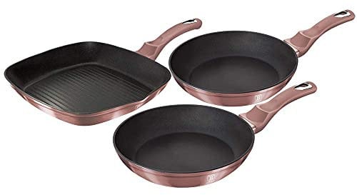 3 Pcs Frying Grill Pan Aluminum Non Stick Marble Coating Metallic Home Kitchen Set Suitable for Induction Various Colures (Rose)