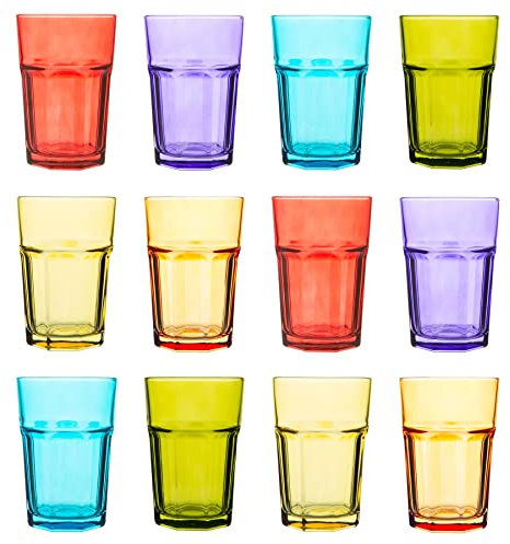 Rink Drink Coloured Highball Glasses - 365ml - Set of 12 Drinking Glasses Dishwasher Safe Highball Cups Multicolour Stackable Drinkware for Celebration, Parties