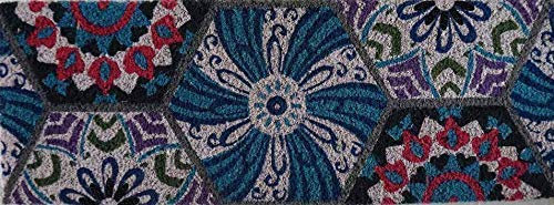 Baroni Home Paillasson Gain de Place Coco, Revêtement de l'envers en PVC, Peint à la Main, 70X25X2 cm – Tapis à Motif Arabesque Bleu foncé, Violet et Magenta
