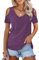 Beluring Sommer Tshirt Damen V-Ausschnitt Oberteile Sexy Elegant Kurzarm Offene Schulter Bluse Violett M