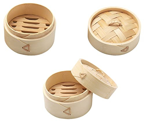 HUIKJI 2pcs 3.9 Inch Mini Bamboo Steamers, Soap Holder with Lid Stackable Gift Box for Birthday Party Wedding Souvenirs, Small Steamers Soap Holder