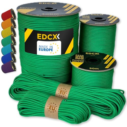 EdcX Paracord 4mm, 35+ Colori Solidi (10m, 15m, 30m, 50m, 100m, 300m) | Ideale per Campeggio, Sopravvivenza, attività all'aperto | Corda 100% Nylon 4 mm| Corda Tattica 550 Tipo III (Green, 100 m)