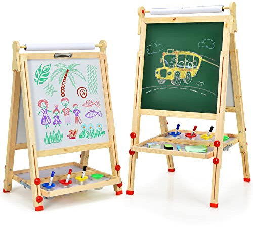 DREAMADE Chevalet Enfants 3 en 1 Pliable en Bois, Tableau à Dessin Double Face Magnétique avec Rouleau de Papier, Hauteur Réglable 87-150CM, avec Accessoires de Peinture