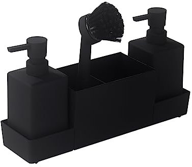 Sharplace Distributeur de Savon de Cuisine avec Porte-éponge Porte-Brosse avec Compartiment de Rangement Porte-Organisateur Caddy, Noir