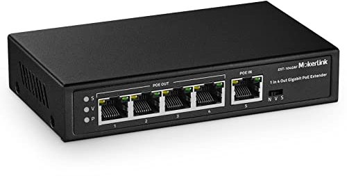 MokerLink 5-Ports Gigabit PoE Passthrough Switch, IEEE 802.3af/at PoE Repeater, 100/1000Mbps, 1 PoE in 4 PoE Out, Wandmontage, PoE Extender/Injektor/Netzwerk Extender DREI in einem