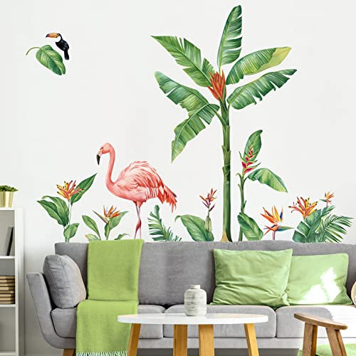 decalmile Stickers Muraux Plantes Tropicale Autocollant Mural Feuilles de Banane Vertes Flamants Décoration Murale Chambre Salon Bureau