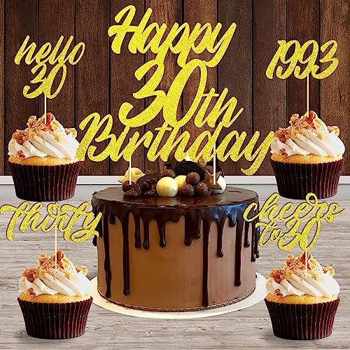 25 Stück Tortendeko 30. Geburtstag Frauen, Glitzer Cheers to 30 Hallo 30 Cupcake Topper Tortendeko 30 Geburtstag Mann, Kuchendeko von 1993 für Thirty Birthday, Gold Happy 30th Birthday Cake Topper