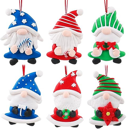 6 Stück Zwerg Ornamente für Weihnachtsbaum, bunte Polymer-Ton, Weihnachtsschmuck, Zwerg, Weihnachtsdekoration, handgefertigt, hängende Handwerk, Weihnachtsmann, Weihnachtsbaumschmuck für Zuhause,