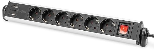 DIGITUS DA-70624 – Steckdosenleiste mit USB – 1-Stück – 6 Steckdosen – 2X USB-A, 1x USB-C Ladeports – Sicherheitsschalter – 3680W Ausgangsleistung – Tischklemme – 1,5m Zuleitung