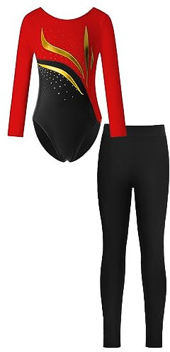 iEFiEL Mädchen Turnanzug Glitzer Gymnastik Leotard Langarm Akrobatik Anzug Tanzkostüme Turnbody Jumpsuit mit Sport Leggings Zc Rot schwarz 146-152