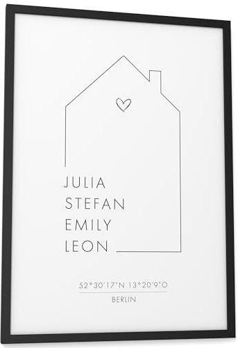 Papierschmiede® Familie Herz Haus, Poster mit Koordinaten und Namen, DIN A3 (30x42 cm) Rahmen wählbar in versch. Farben, fertig gerahmt, Personalisiertes Geschenk zum Einzug Einweihung Zuhause