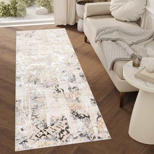 TAPISO Crystal Teppich Läufer Glänzend Beige Grau Schwarz Modern Abstrakt Muster Wohnzimmer Schlafzimmer Flur Eingang Kurzflor ÖKO-TEX 100 x 600 cm