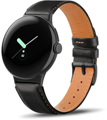Tuocal Lederarmband Kompatibel mit Google Pixel Watch - Weiches Echtes Leder Ersatzarmband, Klassisch Schwarz