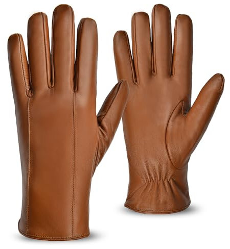 MGGMOKAY Herren Lederhandschuhe aus echtem mit Futter Warm Kaschmir,Kamel,S