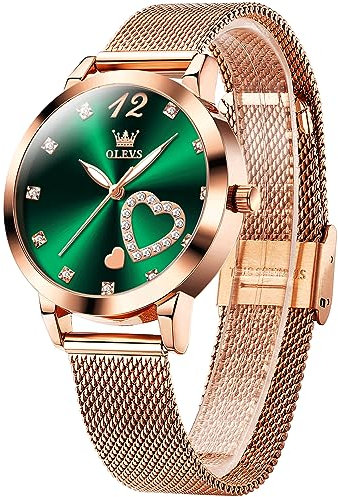 OLEVS Ladies Watches Big Face Rose Gold Stainless Steel Mesh Strap Watches for Women Arabic Numerals Green Dial Analog Quartz Women's Watch Luxury Diamond Heart Waterproof Womens Watch