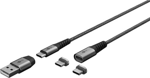 goobay 65653 Magnetisches USB Ladekabel / 1 Meter/Magnetladekabel/USB-A & USB-C / 60 Watt Textilkabel