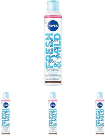 NIVEA Trockenshampoo Fresh & Mild (200 ml), extra mildes Trockenshampoo Spray für dunkle Haartöne mit angenehmem Duft, Trockenhaarshampoo für sofortige Frische (Packung mit 4)