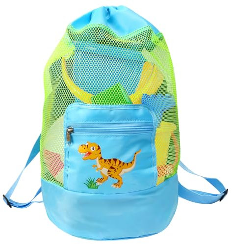 WEDNOK Strandspielzeug Tasche Dinosaurier Sandspielzeug Netztasche Groß Faltbare Wasserspielzeug Netz Rucksack Kinder Spielzeug Aufräumsack Strandtasche für Jungen Sommer Strandurlaub Picknick