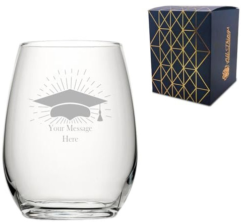 Calice da vino senza stelo con incisione personalizzabile, con tappo di laurea, personalizzabile con qualsiasi nome o messaggio, confezione regalo inclusa, incisione laser, regalo di laurea