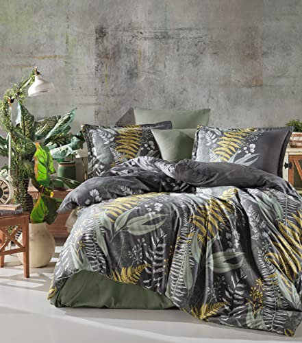 ZIRVEHOME Satin Bettwäsche 240x220 cm – 5-teiliges Set in Grün, Gold und Grau, 100% Baumwollsatin, Wende-Bettbezug bunt geblümt, Kissenbezug 80x80 cm. Botanica