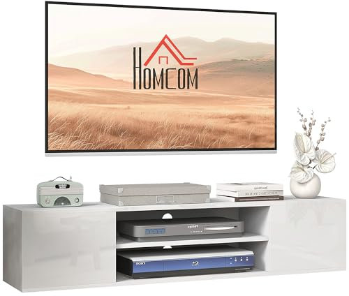 HOMCOM TV-Möbel zum Aufhängen, moderner Stil – 2 Schränke, 2 Kabeldurchführungen und 2 zentrale Fächer, 140 x 30 x 30 cm, Weiß
