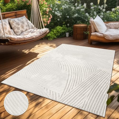 Paco Home Teppich In- & Outdoor, Moderne abstrakte Boho Designs mit 3D Struktur, robust & wetterfest, ideal für Terrasse Wohnzimmer & Küche, Grösse:80x250 cm, Farbe:Creme 5