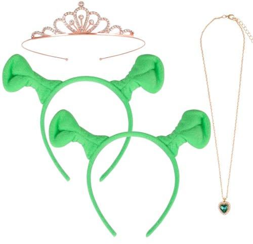 4Pcs Halloween Haarreif Damen Herren Plüsch Monster Ohren Haarreif Grün Oger Kostüm-Zubehör Kristall Halskette Tiara Krone Haarschmuck Haarreif Fasching Karneval Erwachsene Kinder Cosplay Accessoires