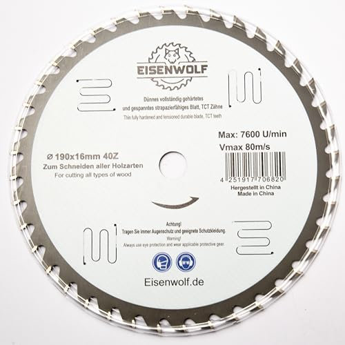 Eisenwolf Lama per sega circolare 190 x 16 mm, completamente temprata e tesa, durevole e resistente, per legno con 40 denti TCT inclinati e tagli laser per ridurre il rumore