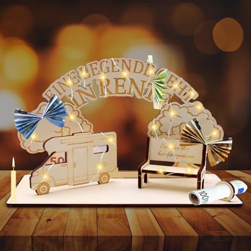 GAROMIA Ruhestand Geschenk Lustige mit Lichterkette Ruhestand Geschenk Frau Männer Rentner Geschenk Holz Geldgeschenk mit Rentnerbank Geschenk Deko mit Wohnmobil Rentnerbank