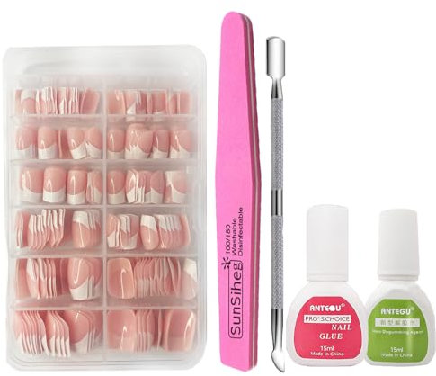 Press On Nails Set, 240 Pcs Short French Tip Nude Pink Color Stick On Nails, Glossy Full Cover Fake Nails DIY With Glue, Remover, File & Cuticle Pusher