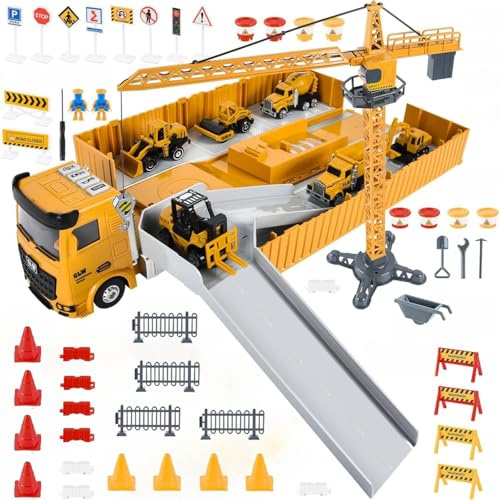 LioMaxi Camion da Cantiere Giocattolo per Bambini con Escavatore Costruzione Torre Gru Effetti di Musica Luce Camion Betoniera Veicoli da Cantiere