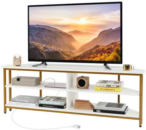 COSTWAY Meuble TV Angle, Meuble Télé avec Prise, 2 Prises, 1 USB, 1 Type-C, Petit Meuble TV pour 65, Meuble TV Bois 3 Niveaux, 3 Etagères Ouvertes, Design Compact (Blanc Or)
