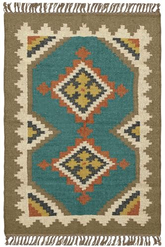 Teppichläufer aus Wolle, Jute, 6,3 x 20,3 cm, türkisblau, Kelim, indisch, handgewebt, für Flur, Kelim, Flachgewebe, Wolle, Jute, Bettläufer, Küche, Eingangsbereich, Läufer für drinnen und draußen