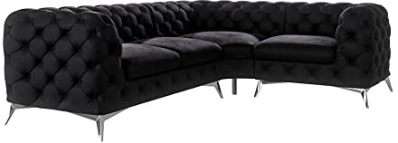 S-Style Möbel Sofa Couch Ecksofa Eckcouch L Form 264 x 204 x 75 cm Samtstoff Rechts Metallbeine Silber Elegant Gesteppt Freistehend Maria Schwarz