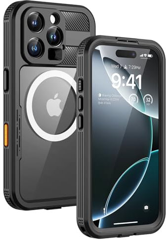 Lanhiem for iPhone 16 Pro Max Waterproof Case, [Compatible with MagSafe] Heavy Duty Shockproof Cover with Built in Screen Protector, Protective Magnetic Phone Case for iPhone 16 Pro Max (Black)