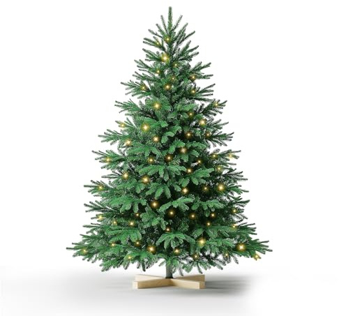 Künstlicher Weihnachtsbaum 150cm mit warmweiß LED-Beleuchtung | Kuro sagol Pre-Lit Weihnachtsbaum im Nordmanntanne Look | 8 Lichtmodi | Stabiler Holzständer & Schnellaufbau | wiederverwendbar