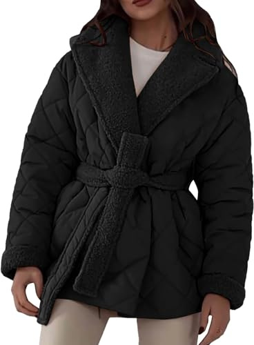 Daunenjacke Damen Winter Winterjacke Warm Gefüttert Teddyfell Puffer Jacke Steppjacke Frauen Mit Gürtel Daunenparka Dicke Wintermantel Elegant Outdoorjacke Winddichte Übergangsjacke Revers